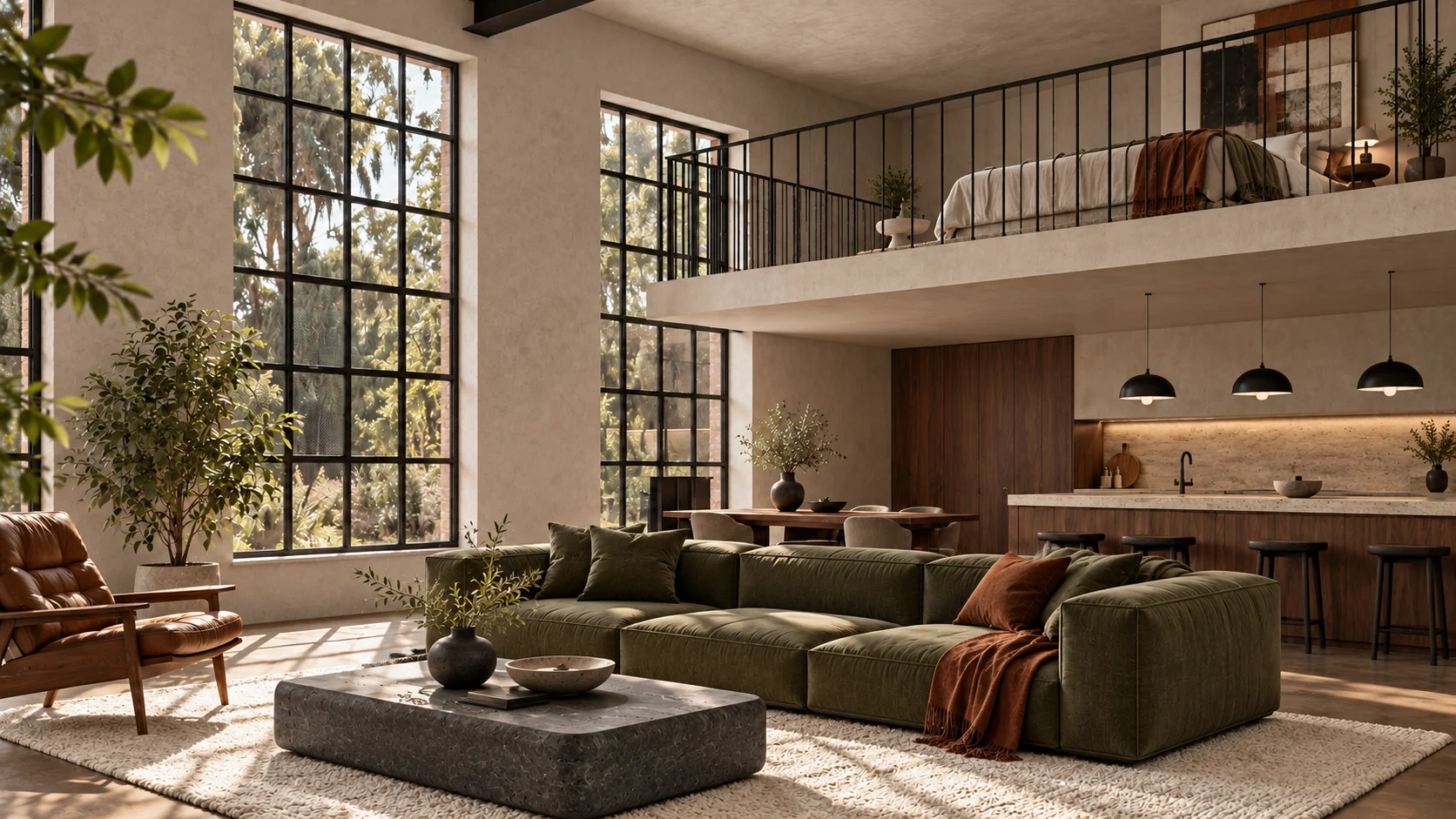 Koncepcja aranżacji loftu Kalcyt — mineralne wykończenie i oliwkowa sofa